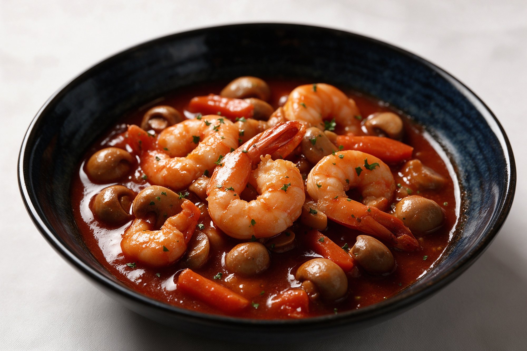 Gambas con champinones y zanahoria en salsa roja en un bol oscuro