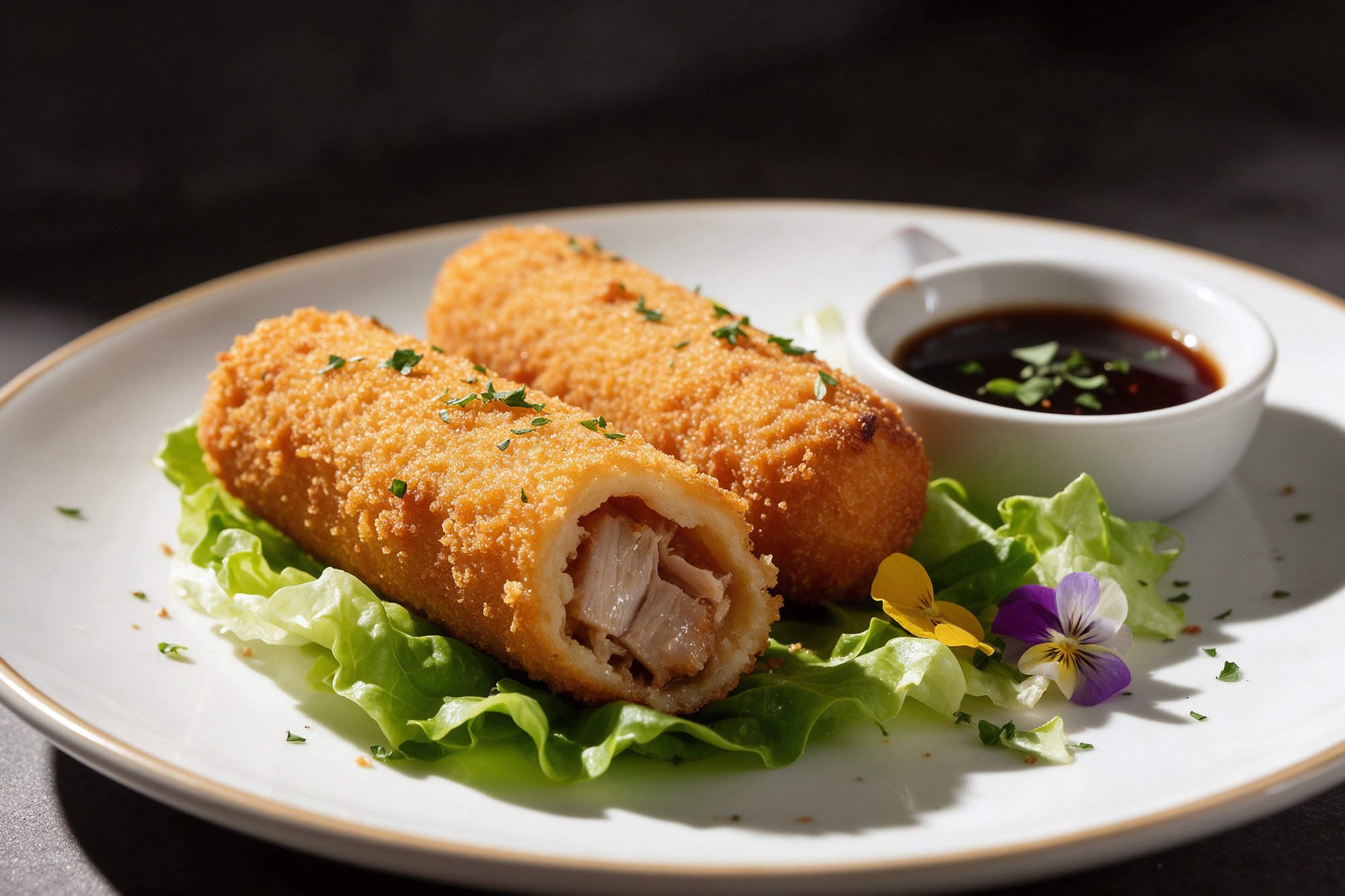 Rollitos fritos dorados sobre lechuga con salsa